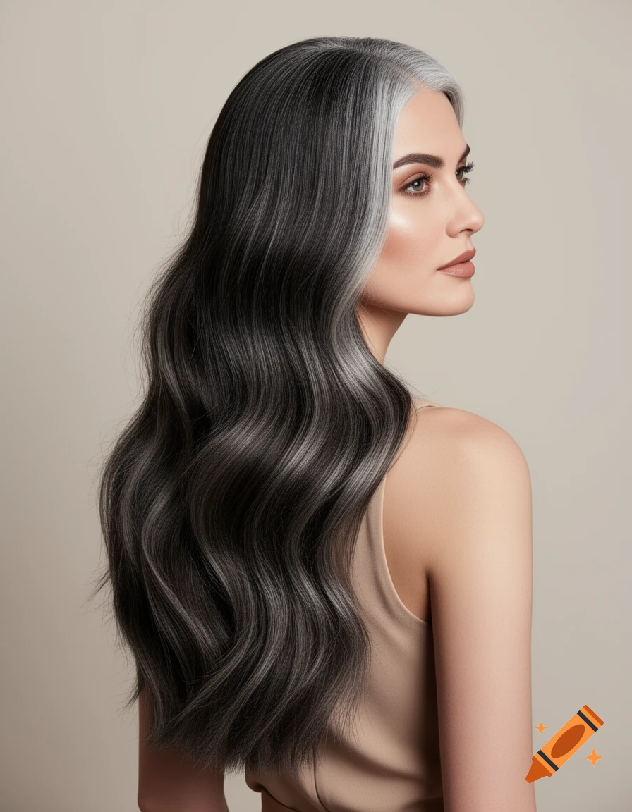 Profile of a woman with long, dark, wavy hair featuring a prominent grey shadow root, looking to the right.