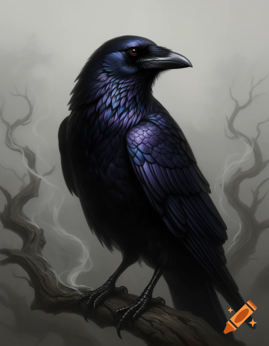 A close-up portrait painting of a black raven with iridescent purple and blue feathers, perched on a branch in a misty, dark forest.