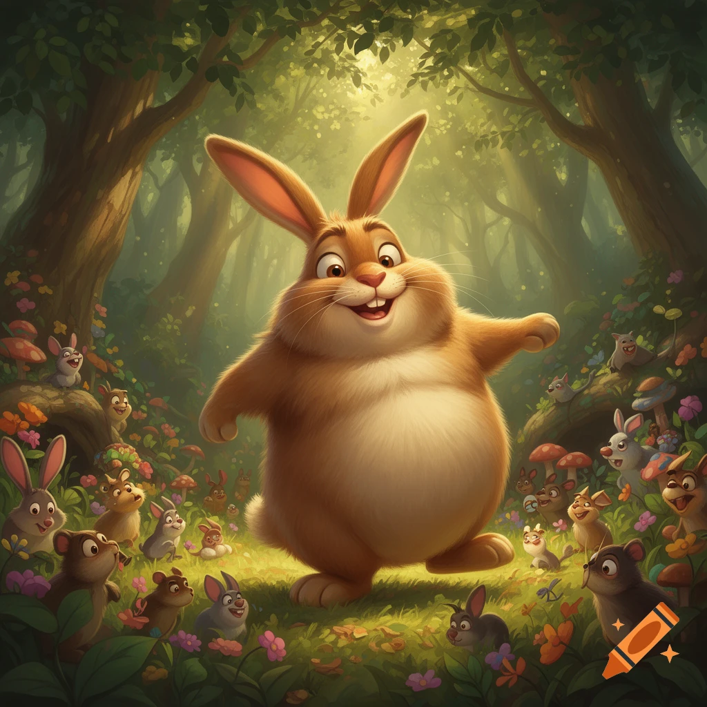 Large, smiling cartoon bunny in a sunlit forest clearing, surrounded by smaller woodland animals.