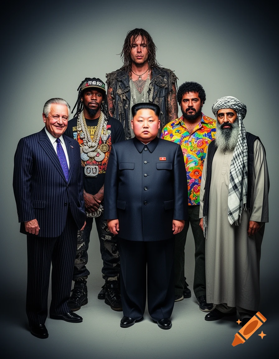 Six diverse men, including stereotyped likenesses of John Gotti, Ol' Dirty Bastard, Dale Duke, Kim Jong Un, Pablo Escobar, and Osama Bin Laden, stand together in a photorealistic group portrait.