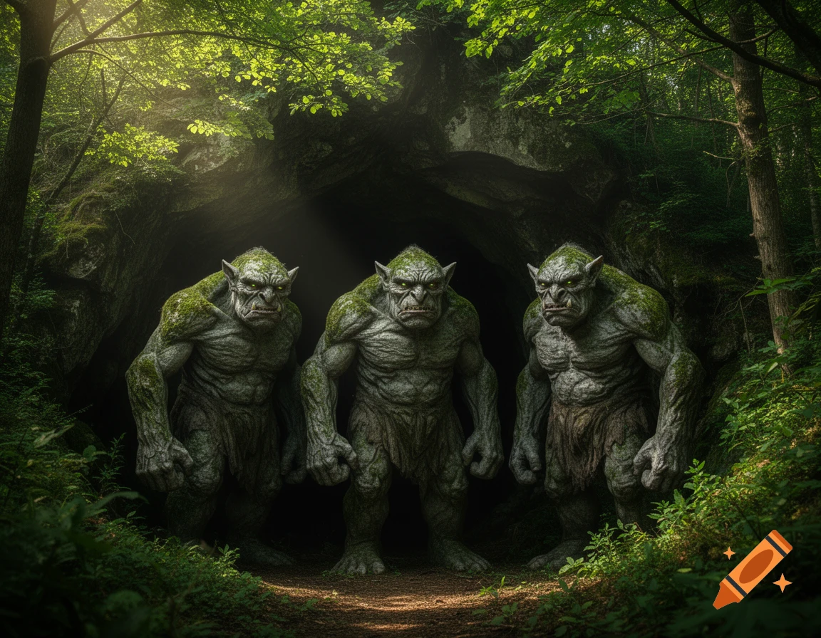 Three massive, grey and green stone-trolls with mean looks stand outside a dark cave entrance in a lush forest.