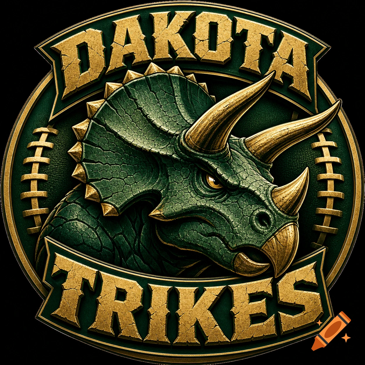 Dakota Trikes NFL team logo featuring a detailed green triceratops head with golden horns and text, set within a football-themed emblem.