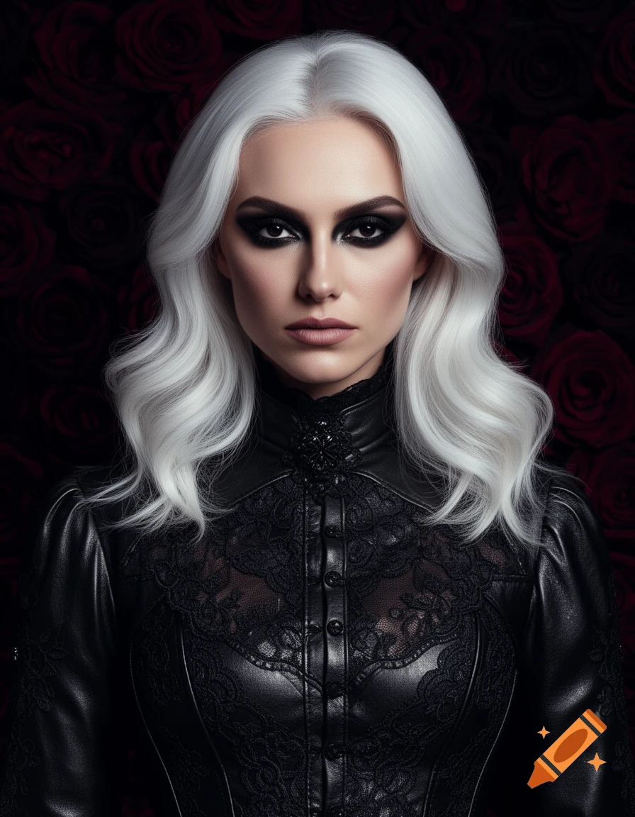 A photorealistic portrait of a woman with white hair, dark makeup, and a black Victorian leather and lace outfit, against a dark rose background.
