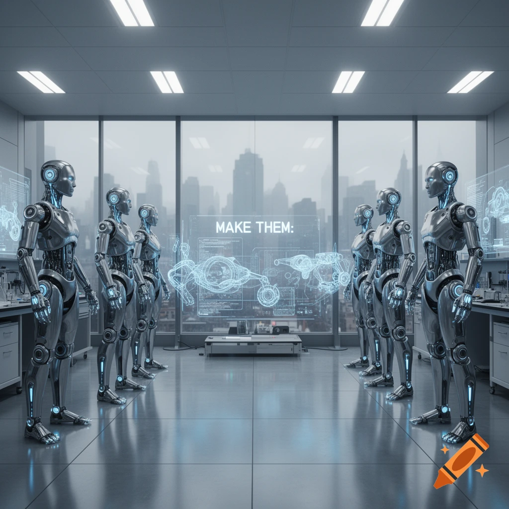 Photorealistic image of multiple silver robots standing in a futuristic lab with a holographic display showing schematics and the text 'MAKE THEM:'.