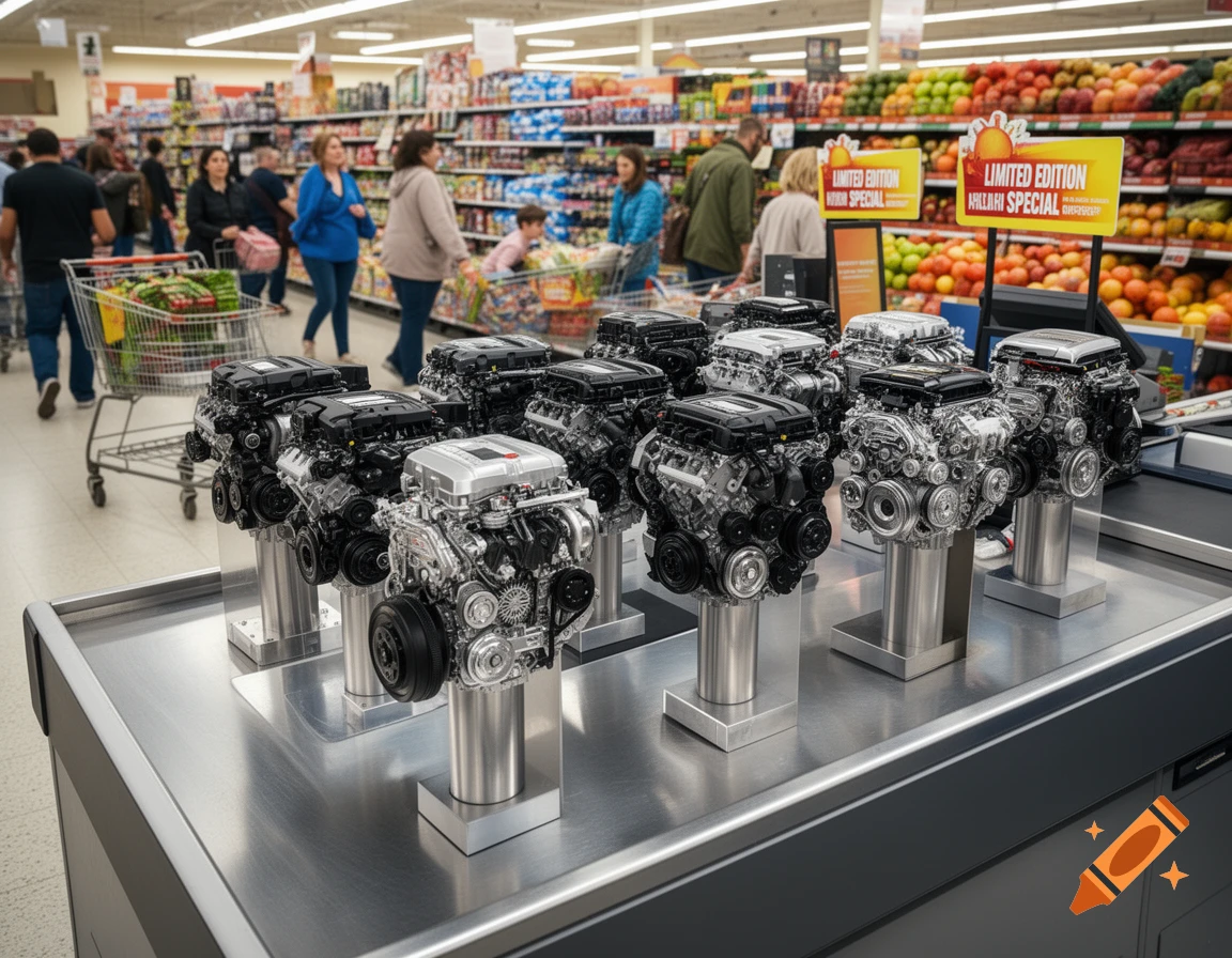 Photorealistic image of multiple car engines displayed on a metal counter at a supermarket checkout, with shoppers and produce in the background.