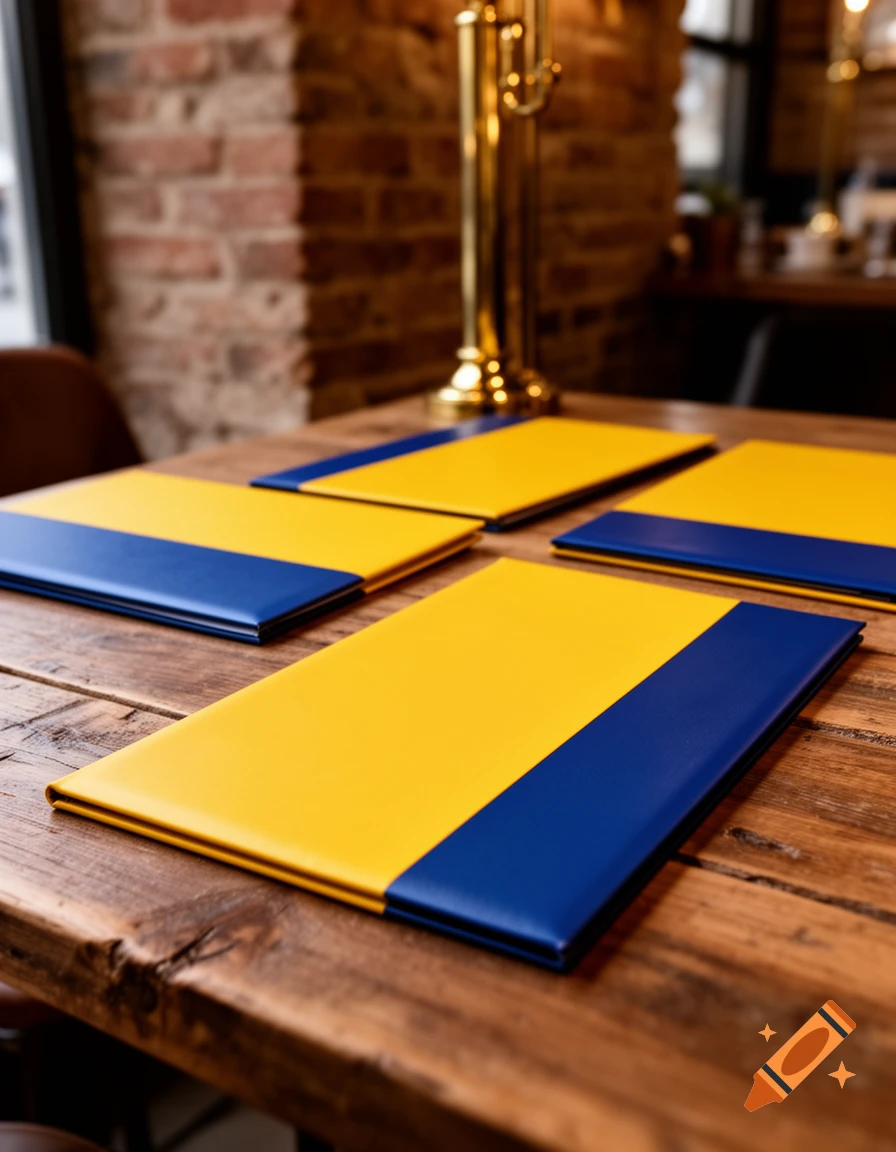 Several yellow and blue menus are neatly arranged on a rustic wooden table in a restaurant setting.
