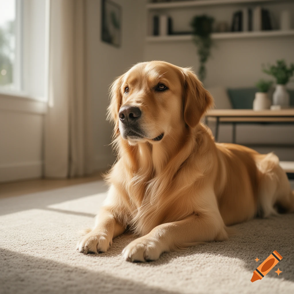A golden retriever dog lies on a sunny carpet indoors, looking alert.