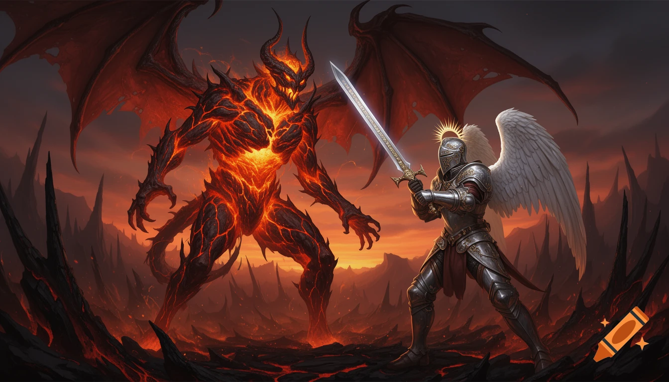 A giant demonic magma creature with wings battles an angelic knight in shining armor wielding a sword, set in a fiery, volcanic landscape.