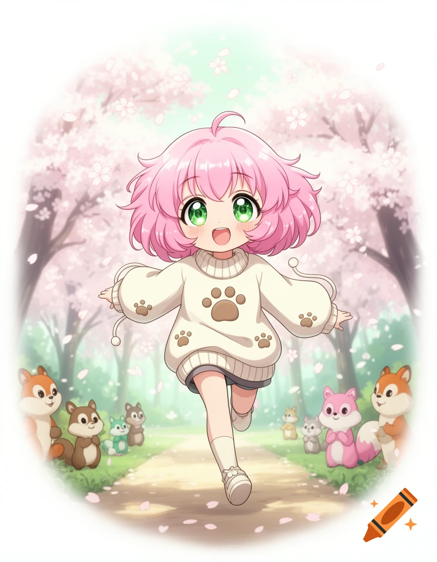 A cute pink-haired anime girl in a paw-print sweater runs through a cherry blossom path with cartoon animals.