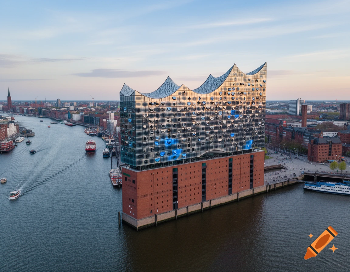 Aerial view of the Elbphilharmonie in Hamburg, a modern building with a wavy glass roof, on a river with boats and a city skyline.