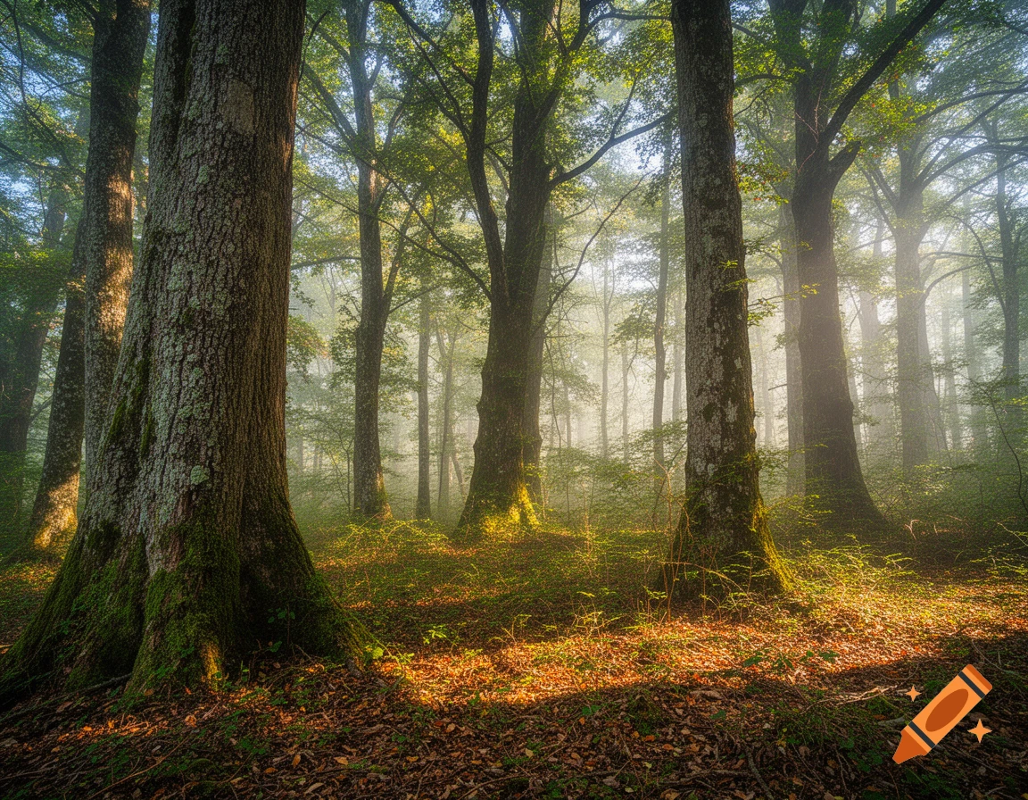 A misty, sun-dappled forest scene with tall, mossy tree trunks and a ground covered in fallen leaves and undergrowth.