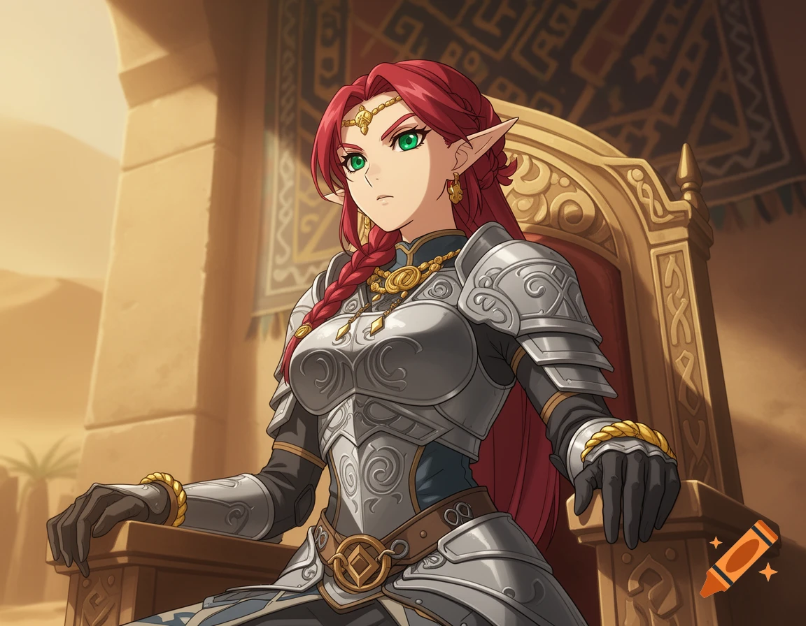 An anime-style elf warrior with red hair and silver armor sits dominantly on a golden throne in a desert setting.