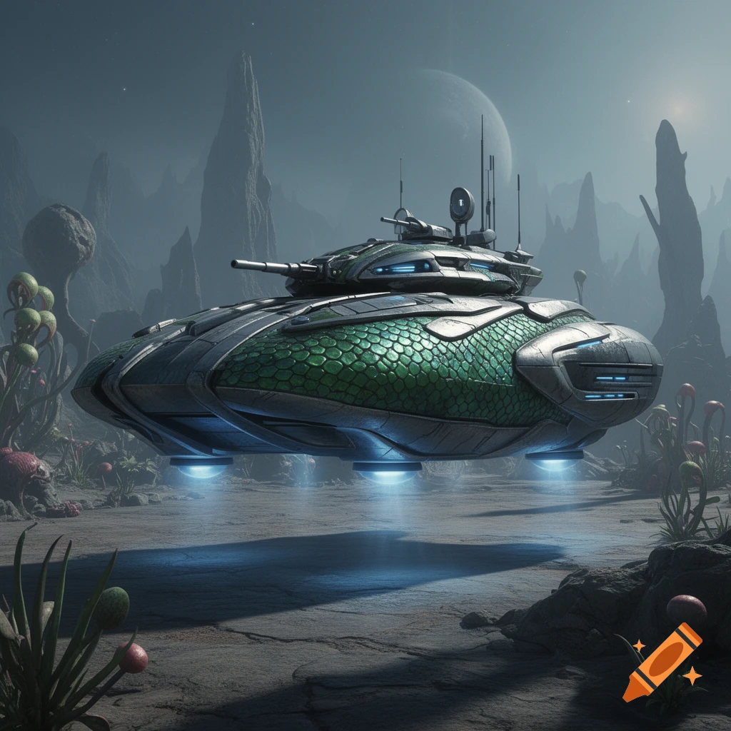 A green-scaled futuristic hover tank floats above a rocky alien landscape with unusual plants under a large moon.