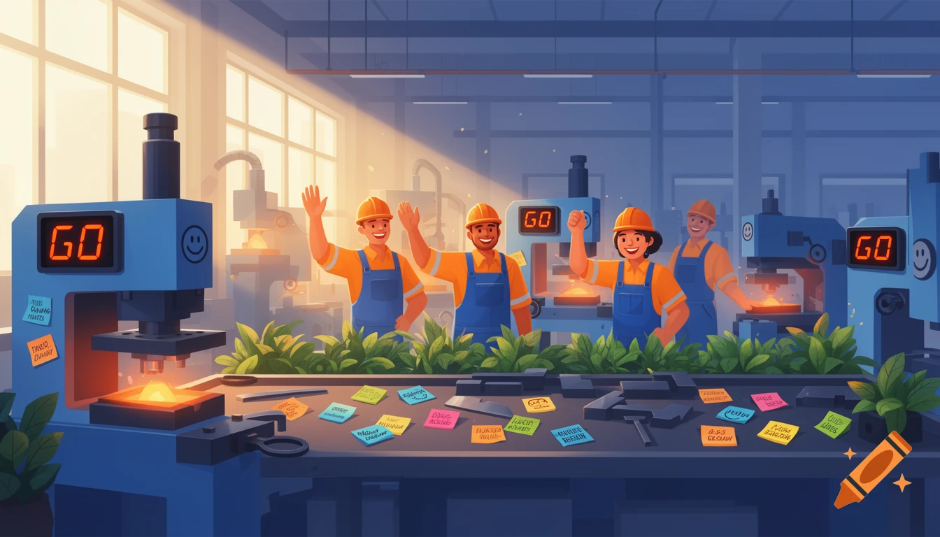Cheerful workers in a cartoon-style industrial workshop, smiling and waving beside machines with "GO" displays, sunbeams, and green plants.