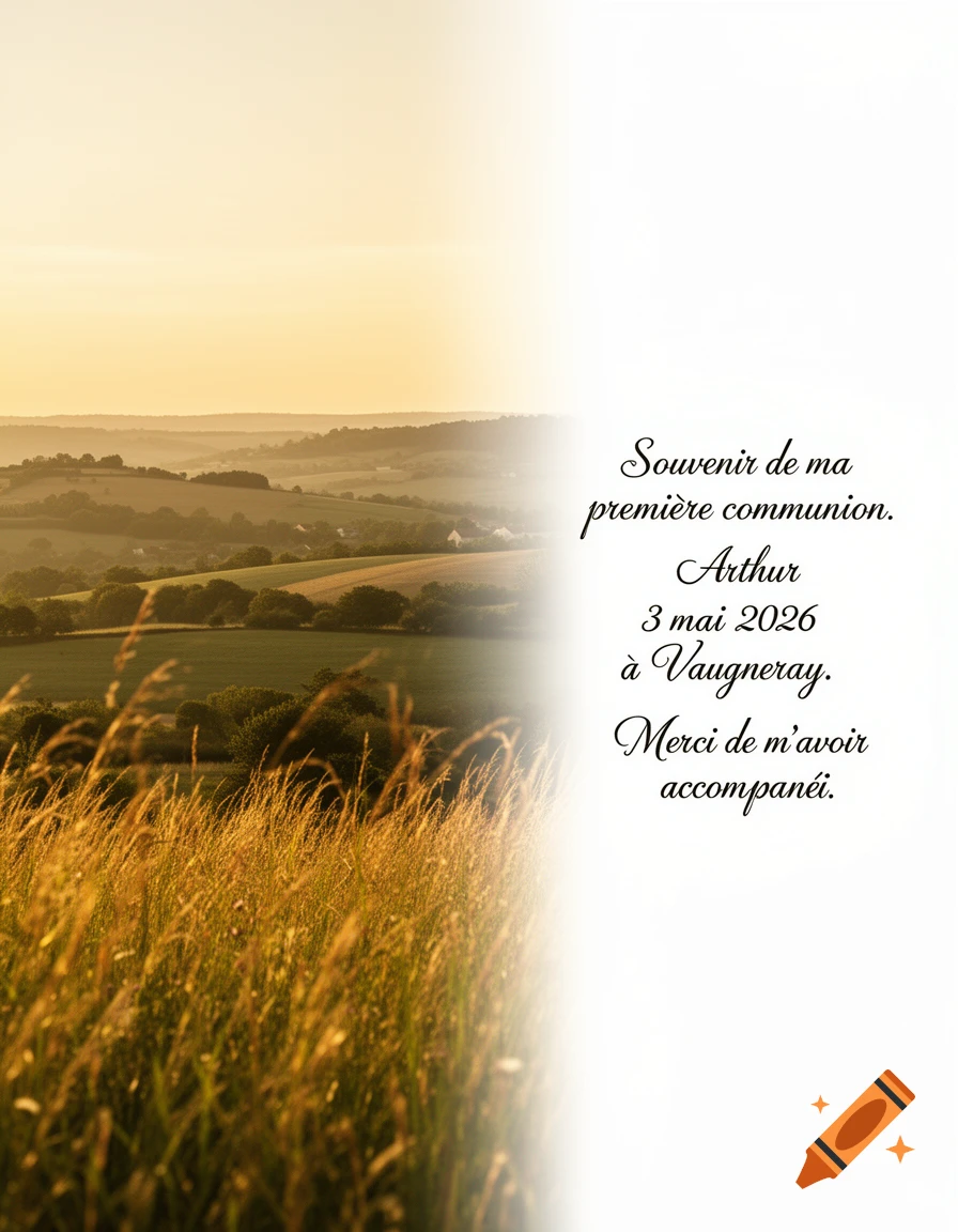 A landscape photo of a golden field and rolling hills at sunset, next to an area of white with French text about a first communion.