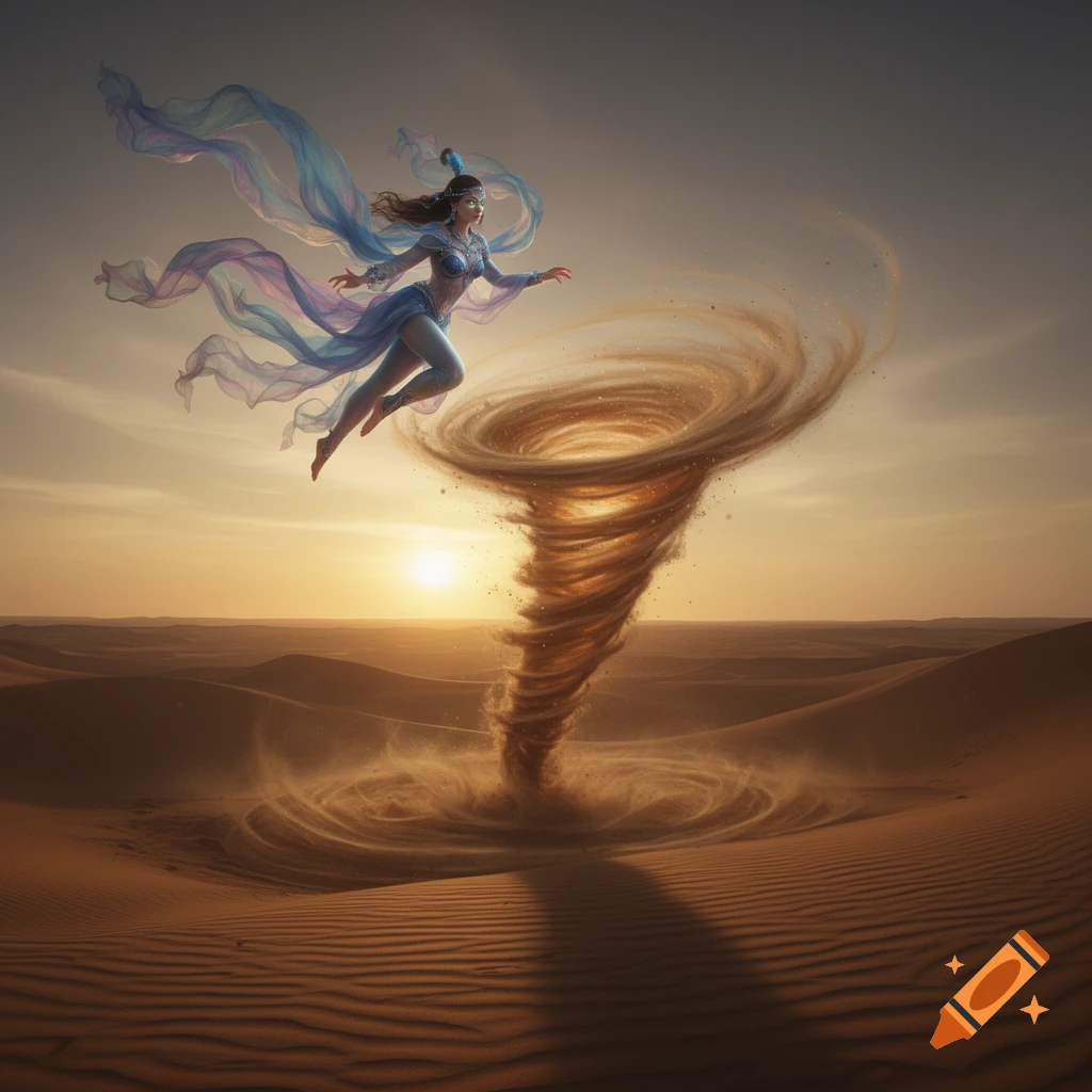 A genie girl with flowing blue fabric floats above a desert landscape, conjuring a swirling sand tornado at sunset.