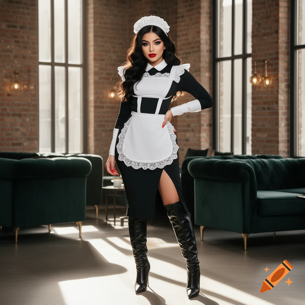 A woman in a black maid dress with a white apron, headpiece, and black boots poses in a room with brick walls and green couches.