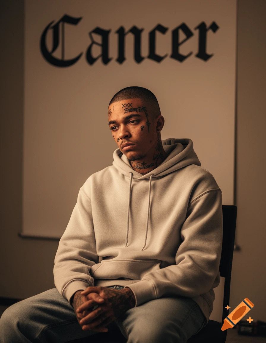 A young man with face tattoos and a light hoodie sits, looking down, in front of a wall with the word 'Cancer' written on it.