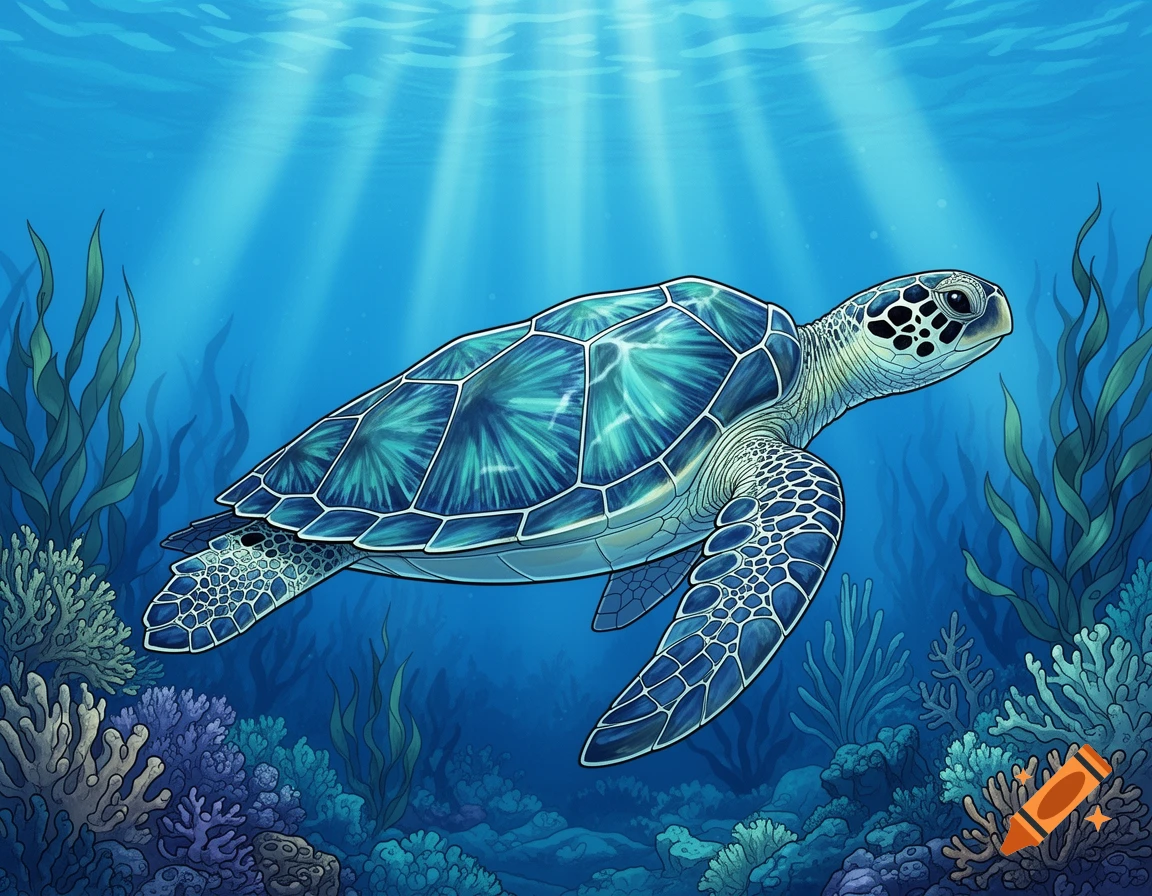 A stylized sea turtle with a vibrant blue-green shell swims gracefully in a deep blue ocean with coral, seaweed, and sunbeams.