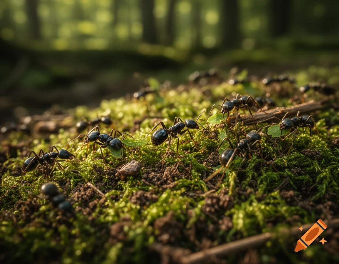 Photorealistic macro shot of black ants carrying green leaves across mossy forest floor, blurred green trees in background.