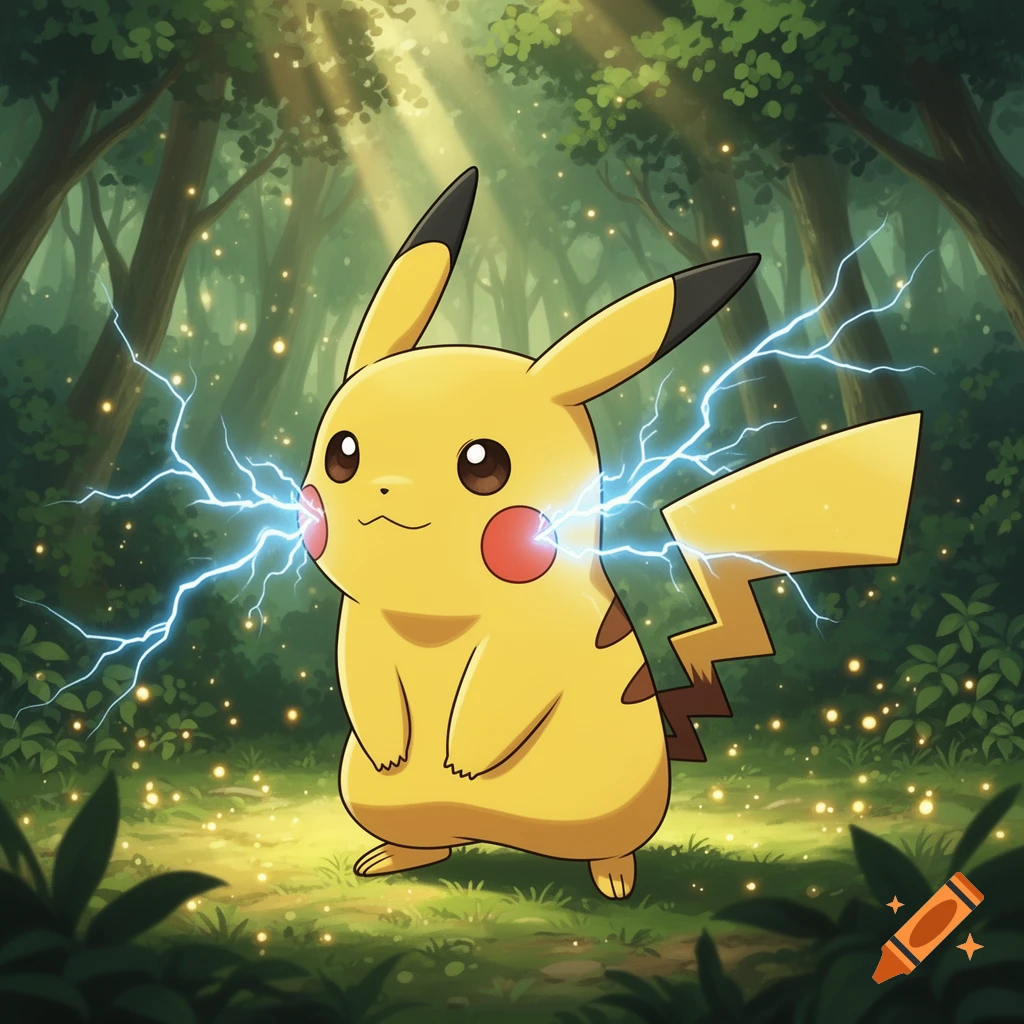 Pikachu emits blue lightning, standing in a lush, sunlit green forest with glowing particles, in a cute cartoon style.