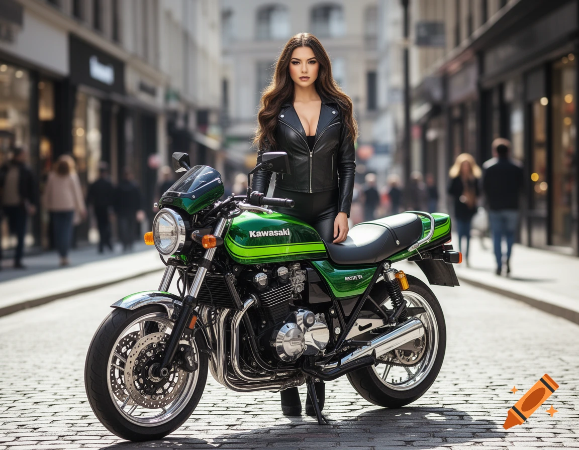 A woman with long brown hair, wearing a black leather jacket and pants, stands next to a green Kawasaki motorcycle on a cobblestone street with blurred city buildings and people in the background. Photorealistic style.