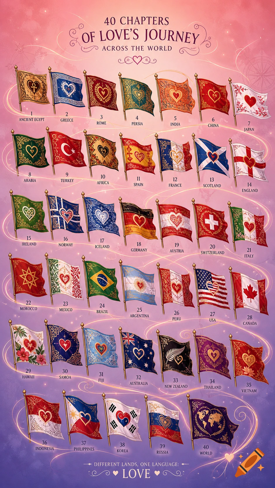 An illustration of 40 stylized flags, each with a heart motif and a country/region label, arranged on a pink and purple background with map elements, representing 'Love's Journey Across the World'.