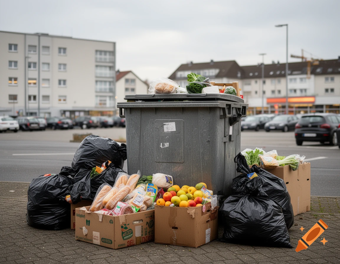 A large gray dumpster with black trash bags and cardboard boxes overflowing with discarded bread, fruits, and vegetables in an urban parking lot.