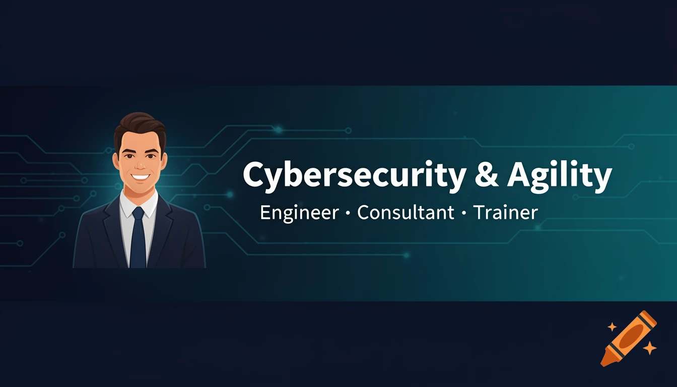 Professional banner with a smiling male engineer in a suit and the text "Cybersecurity & Agility" with a subtitle "Engineer  Consultant  Trainer" on a dark, circuit board background.