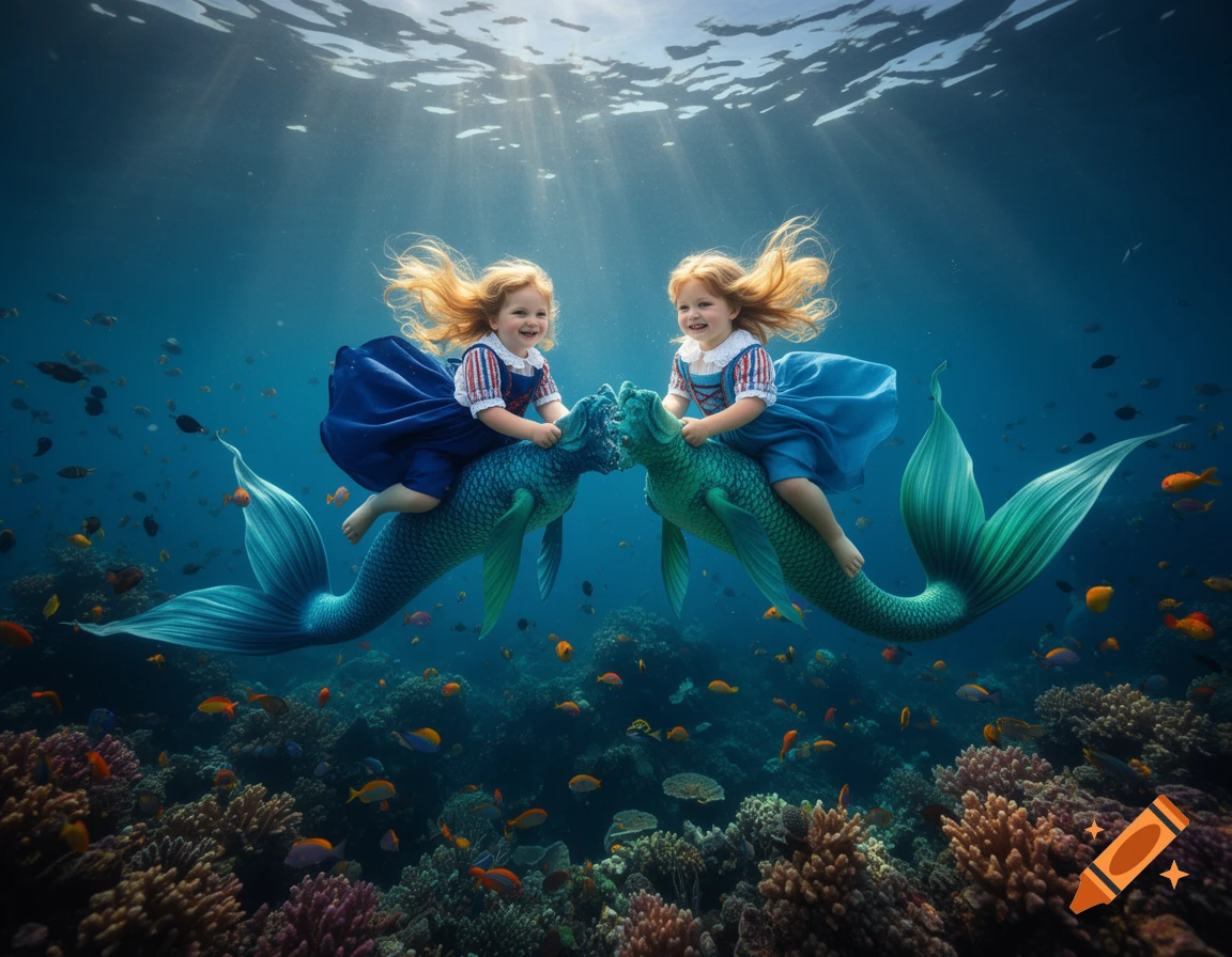 Two smiling children in blue and white dresses ride on the backs of green mermaids underwater, surrounded by coral reefs and colorful fish.