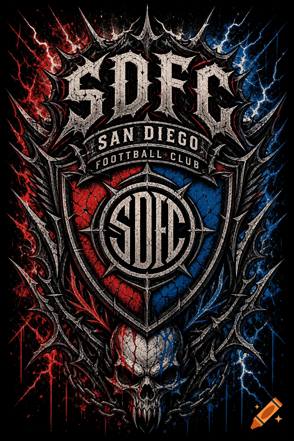 A stylized thrash metal crest for SDFC San Diego Football Club, featuring a skull and red and blue lightning.