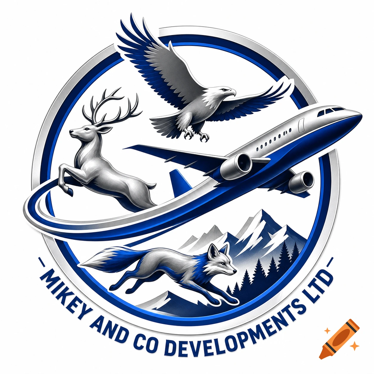 A blue and silver logo featuring an eagle, a deer, a fox, and an airplane flying over mountains, with "Mikey and Co Developments LTD" text.