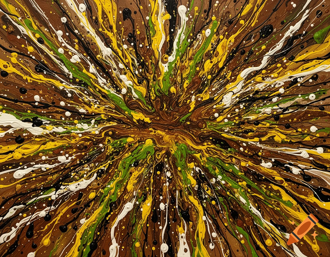 Abstract painting with radiating splatters of brown, yellow, green, white, and black paint from the center.