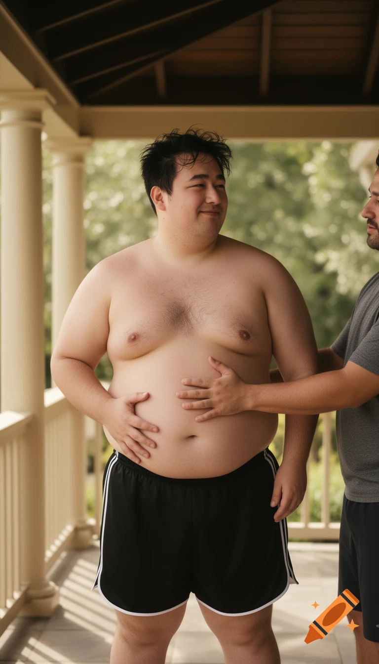 A candid photorealistic portrait of two men on a covered patio; a shirtless man with a rounded belly is embraced by another man from behind.