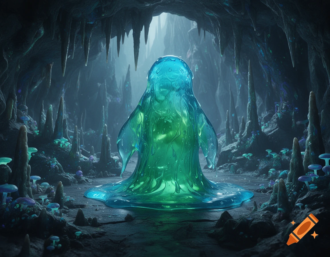 A glowing, translucent blue-green slime creature stands in a dark fantasy cave filled with stalagmites, stalactites, and bioluminescent mushrooms.