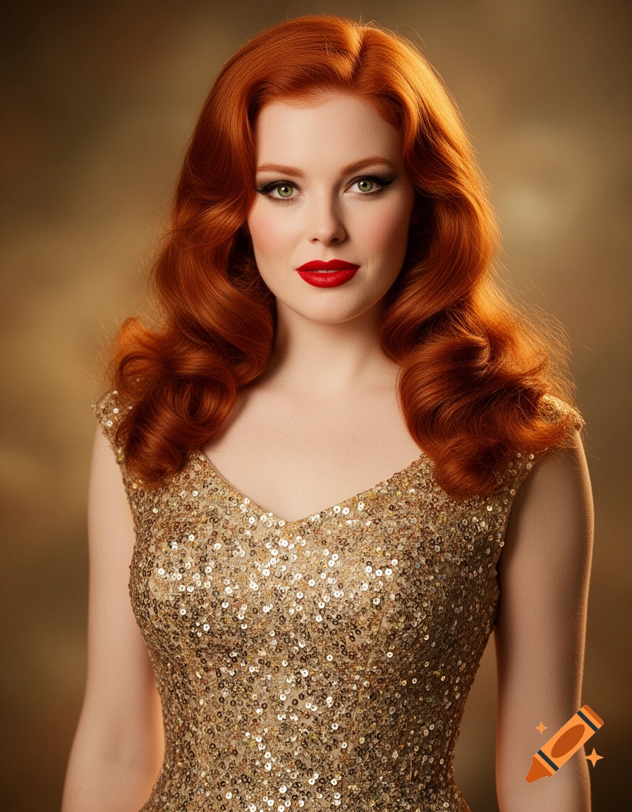A photorealistic portrait of a woman with long wavy red hair, green eyes, and red lipstick, wearing a sparkling gold sequined dress.