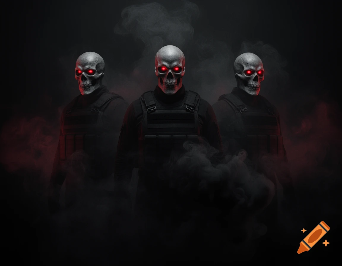 Three menacing skull-faced figures with glowing red eyes emerge from thick dark smoke with red light.