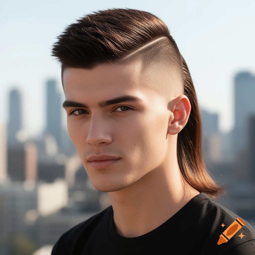 A photorealistic portrait of a young man with a dark brown crew cut mullet, looking at the camera against a blurred city background.