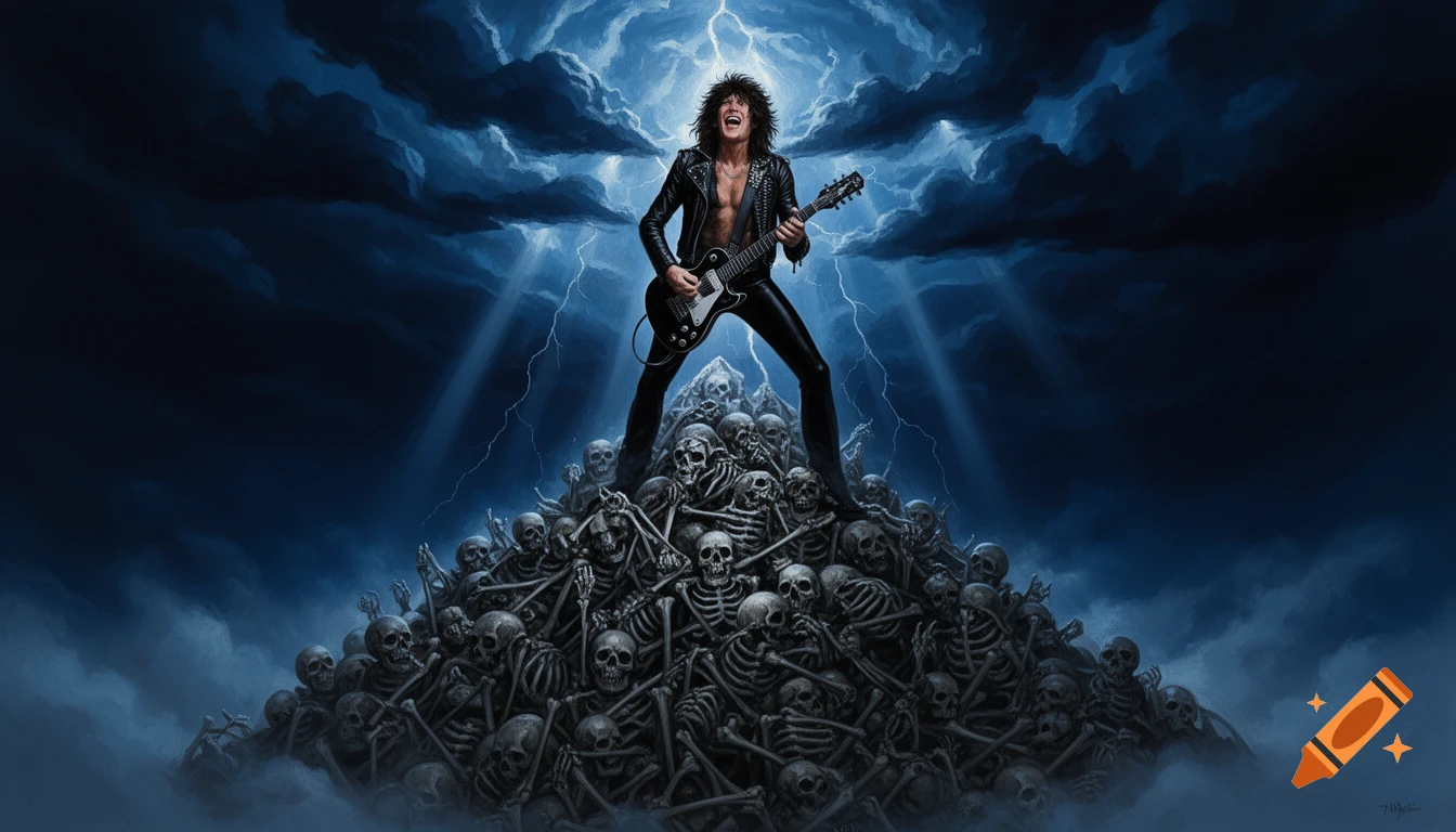 Rock guitarist in black leather stands on a pile of skeletons under a stormy, lightning-filled sky, in an album art style.