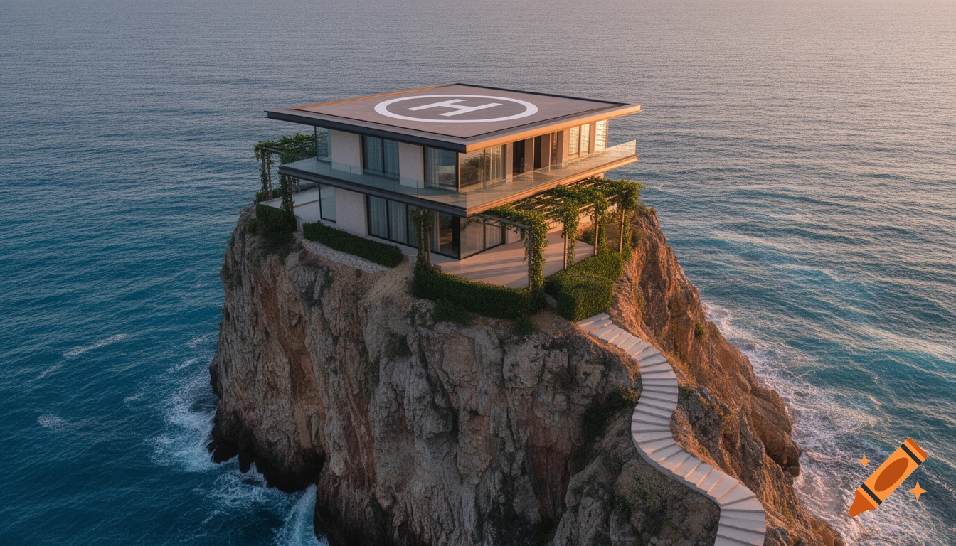 A modern three-story house with a helipad on its roof, dramatically perched on a rugged cliff overlooking a vast ocean.