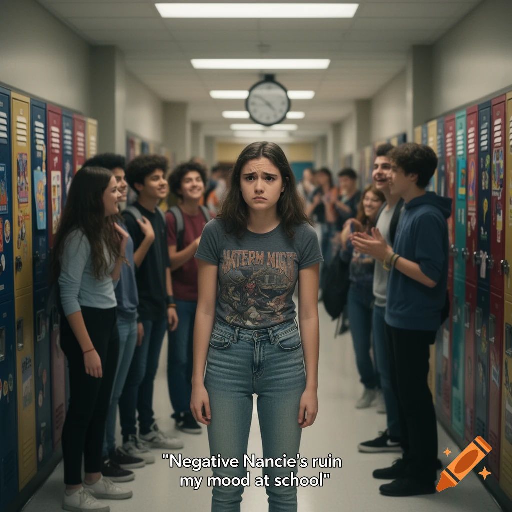 A sad teenage girl stands in a school hallway while other students laugh and clap at her, with text "Negative Nancie's ruin my mood at school" overlayed. Photorealistic style.