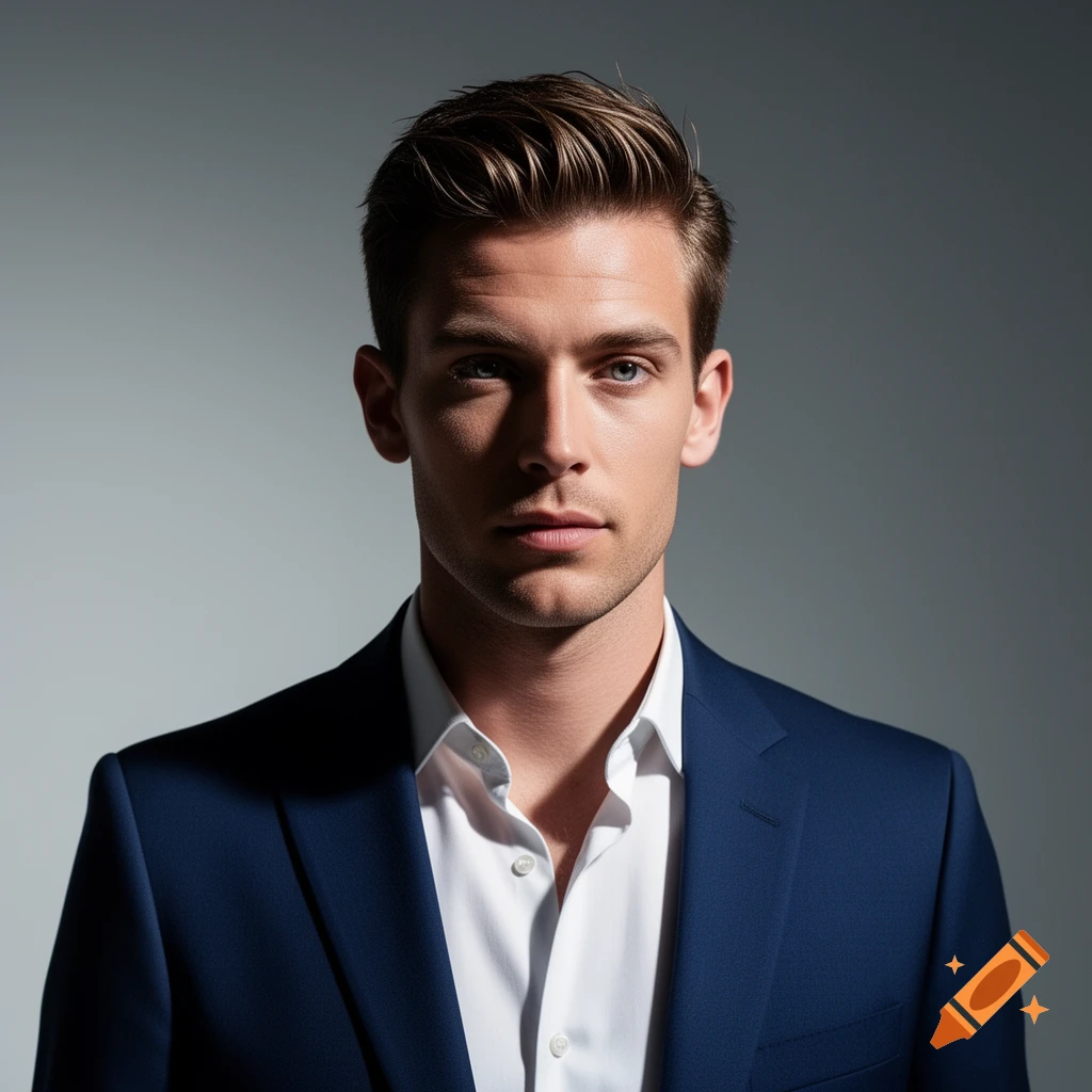 Photorealistic portrait of a man with styled brown hair and blue eyes, wearing a dark blue suit and white shirt, looking directly at the viewer with dramatic lighting.