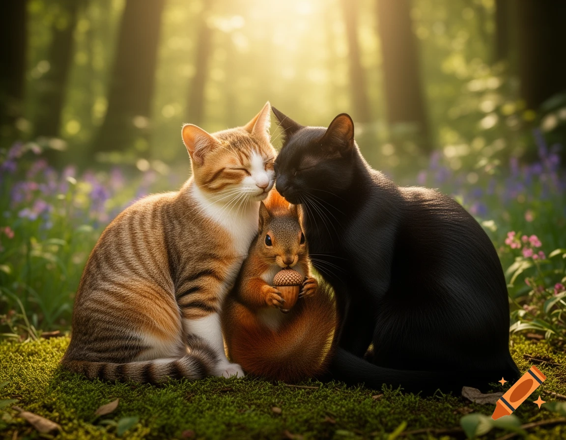 Two cats, one tabby and one black, cuddle a squirrel holding an acorn in a sunlit forest.
