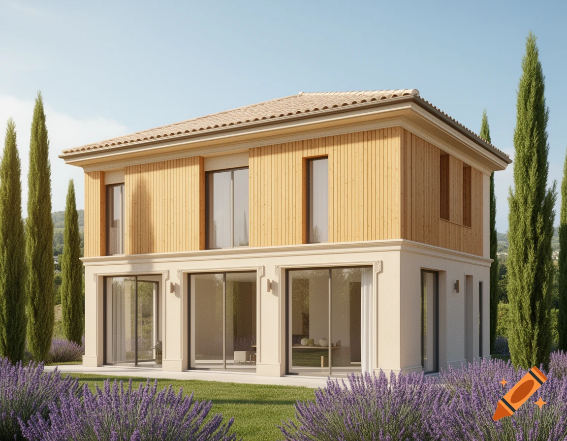 A modern two-story house with a beige stucco base and wooden upper story, surrounded by cypress trees and lavender.