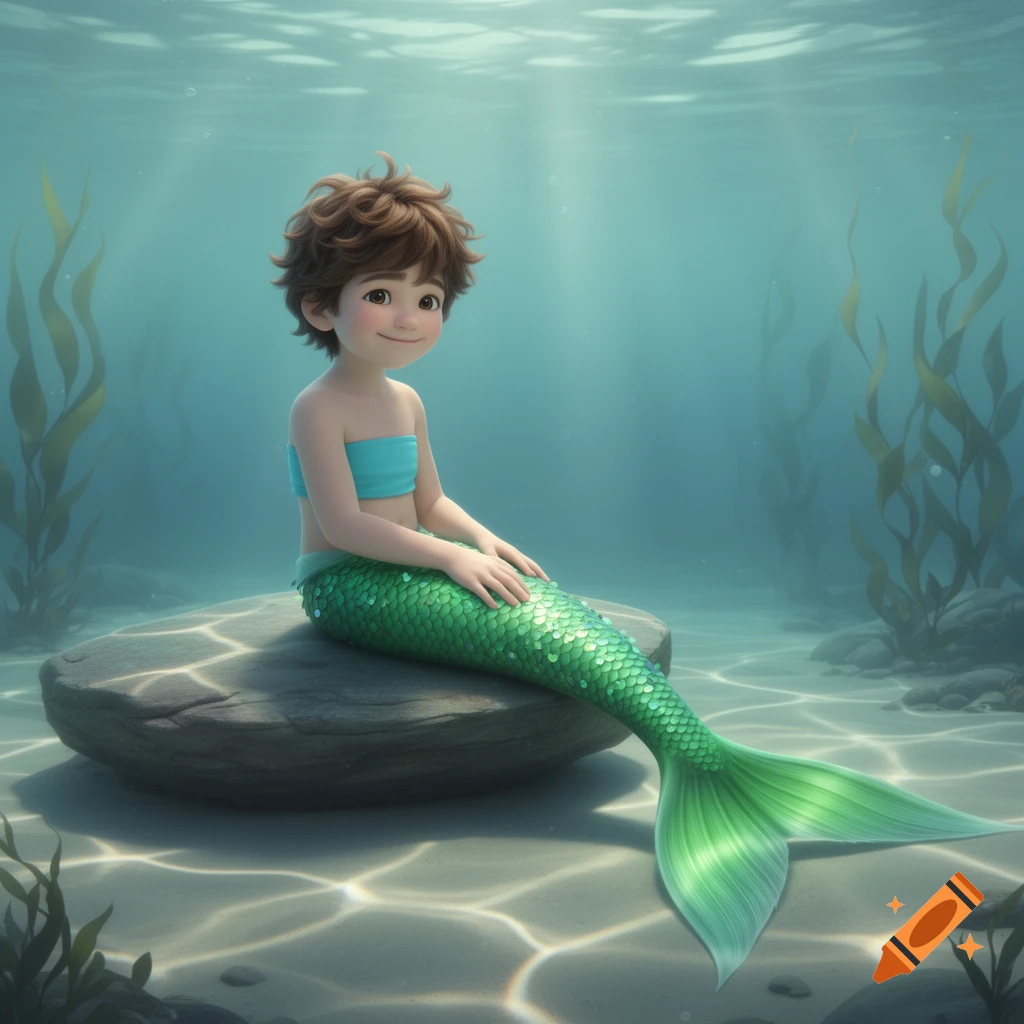 A cute, smiling merboy with brown hair, an aqua top, and a green scaled tail sits on a rock underwater.