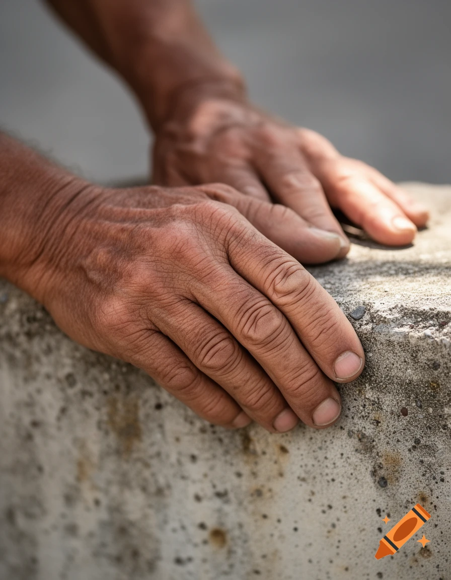 A close-up, photorealistic shot of two hands resting on a rough concrete surface.