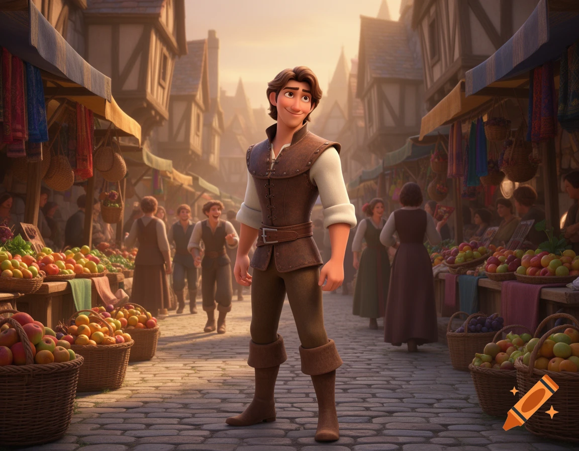 Flynn Rider stands confidently in a bustling medieval-style marketplace, rendered in 3D animation.