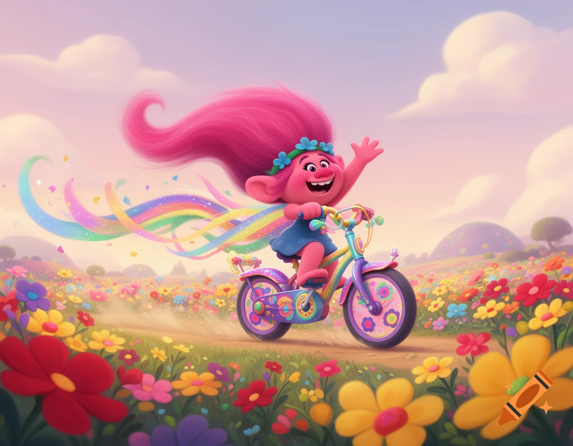 Poppy from Trolls joyfully rides a colorful bicycle through a vibrant field of flowers under a pastel sky.