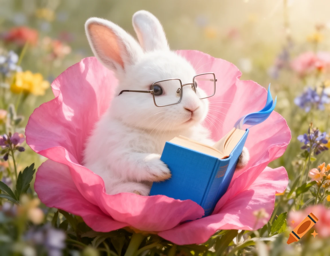 A cute white rabbit with glasses sits inside a pink flower, reading a blue book amidst wildflowers.