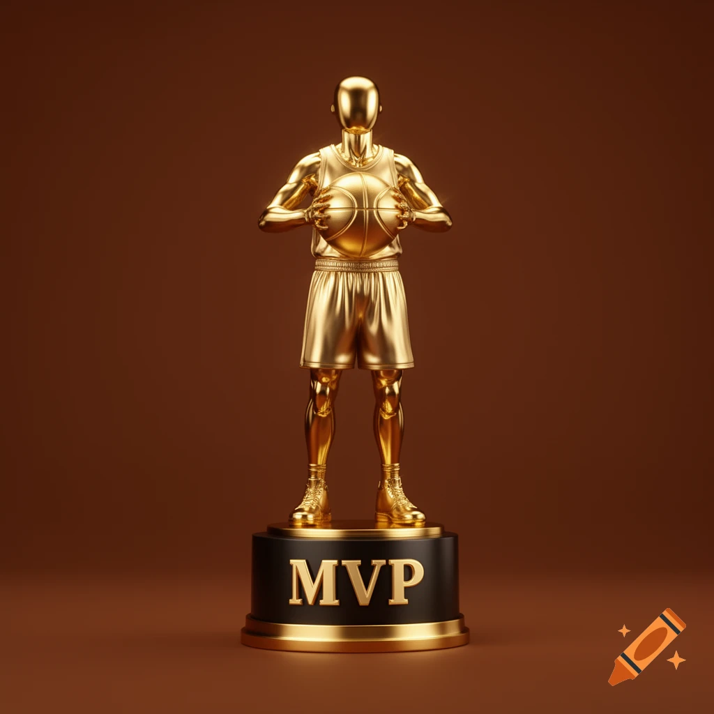 A golden basketball MVP trophy featuring a faceless player holding a ball, standing on a black base with 'MVP' in gold letters against a brown background.